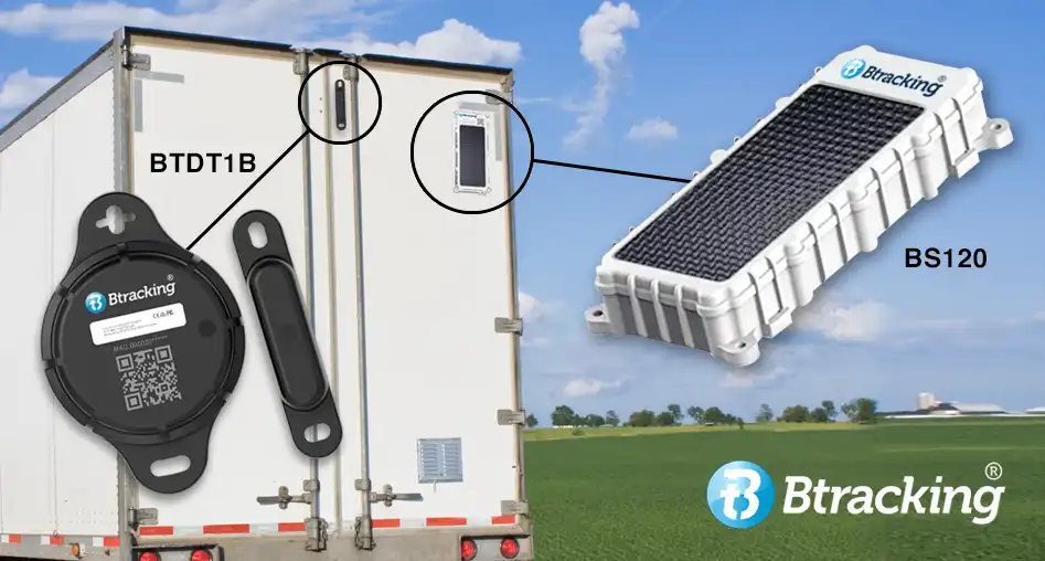 The Btracking BS120 Solar-Tracker and BTDT1B Door Temperature Sensor for tractor trailers.