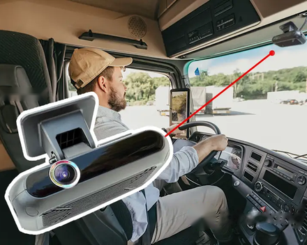 Dashcam mounted on a truck windshield