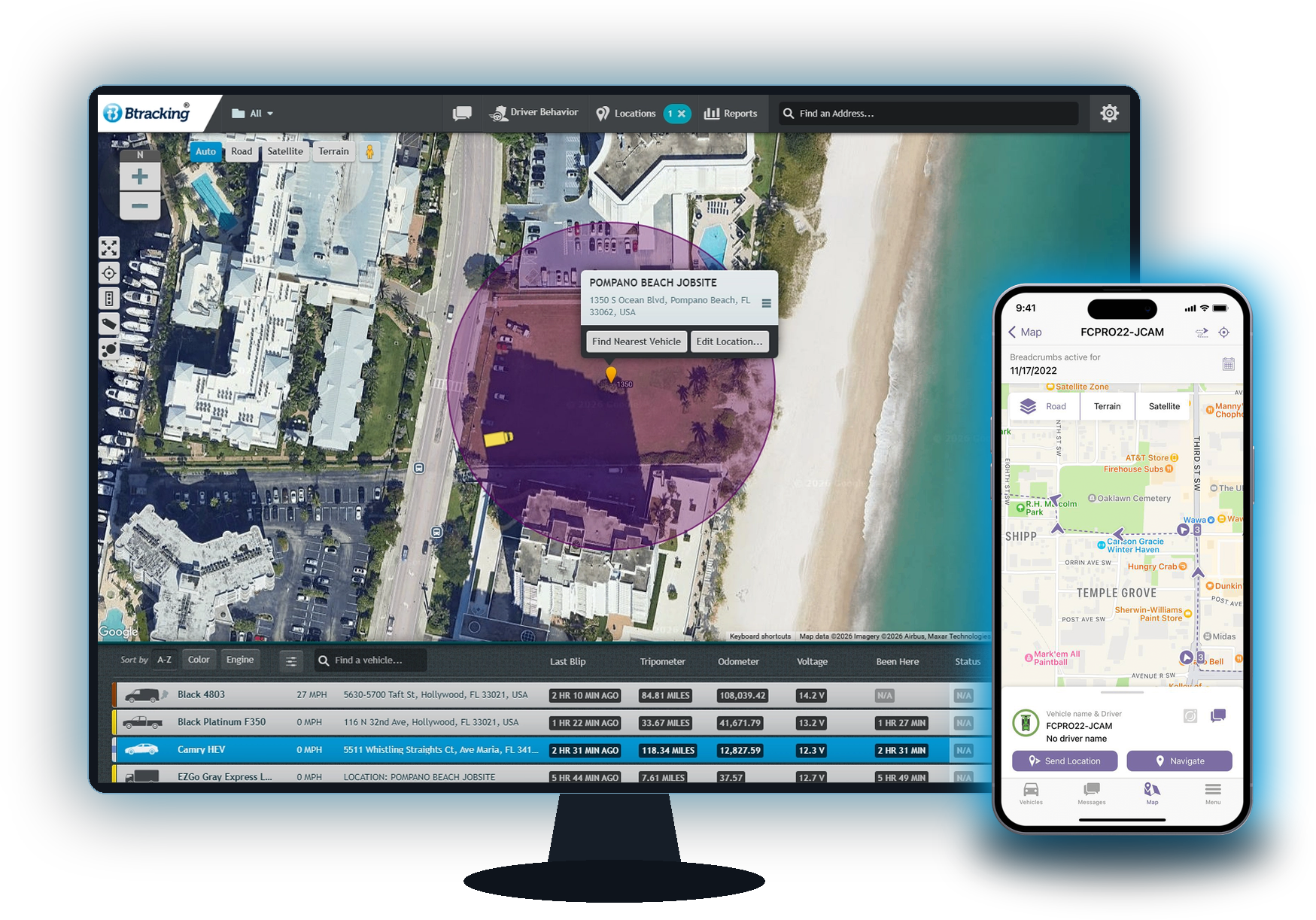 The Btracking platform shown on a desktop monitor and a mobile phone